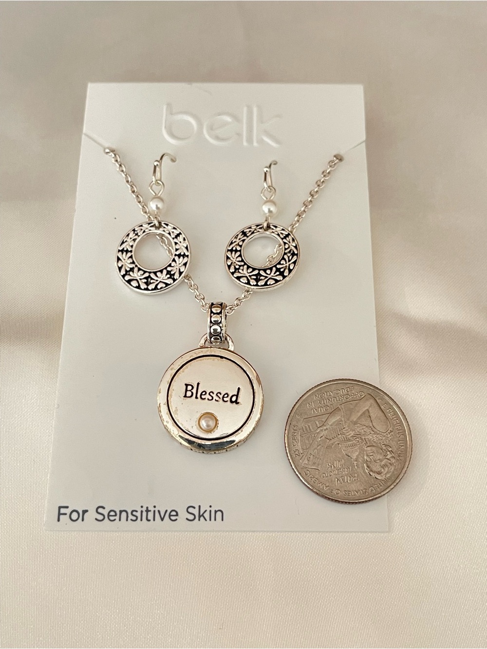 belk Silver-Tone "Blessed" Round Pendant Necklace & Floral Hoop Earrings